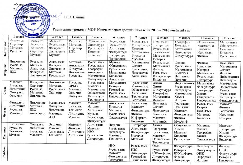Расписание уроков на 2015 - 2016 учебный год